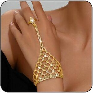 Rhinestone Crystal Ring Bracelet Women's Gold Silver Sparkling Adjustable Jewelr